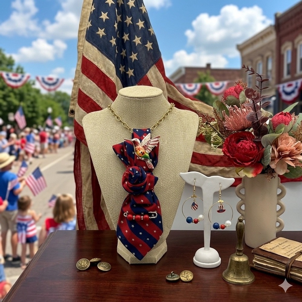 Brooks Brothers Silk Tie Necklace Hummingbird Brooch & Patriotic Earrings Set